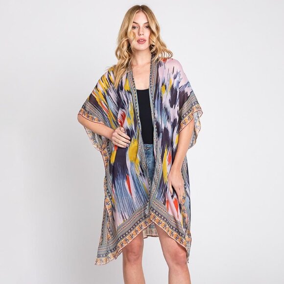 DIONA J GEOMETRIC TRIM TIE DYE PRINT KIMONO CARDIGAN ONE SIZE COLOR NAVY - Picture 7 of 7